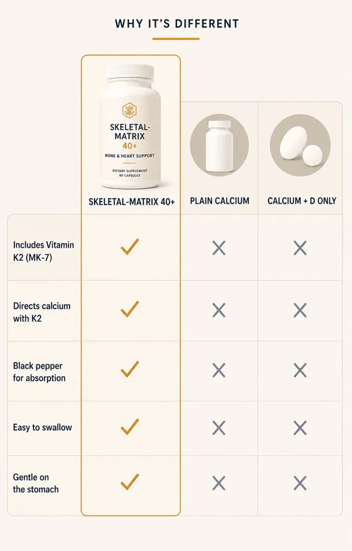 Comparison: Skeletal-Matrix 40+ includes Vitamin K2 (MK-7), directs calcium with K2, and adds black pepper for absorption, unlike plain calcium or calcium with D only.
