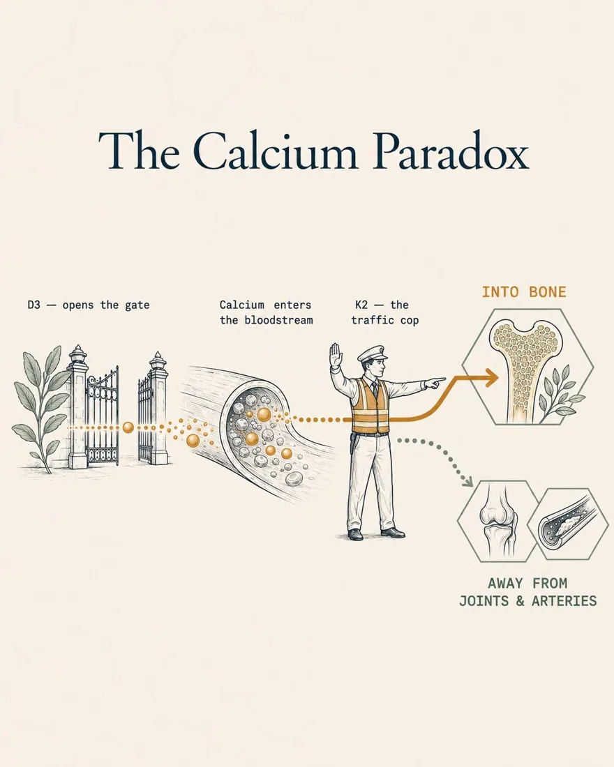 Diagram: Vitamin D3 opens the gate, calcium enters the bloodstream, and Vitamin K2 directs it into bone and away from joints and arteries.