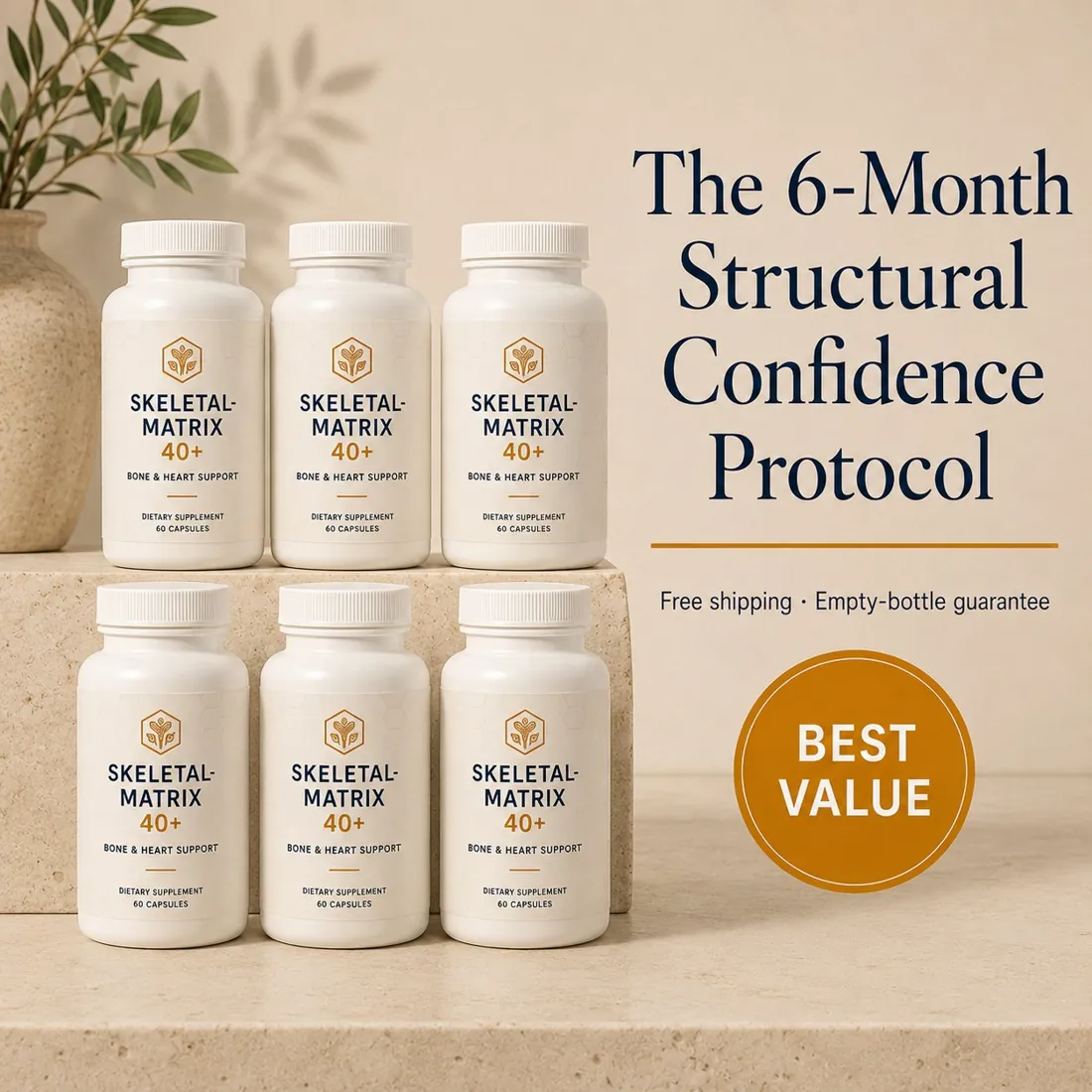 Six bottles of Skeletal-Matrix 40+ Bone & Heart Support, the best-value protocol.