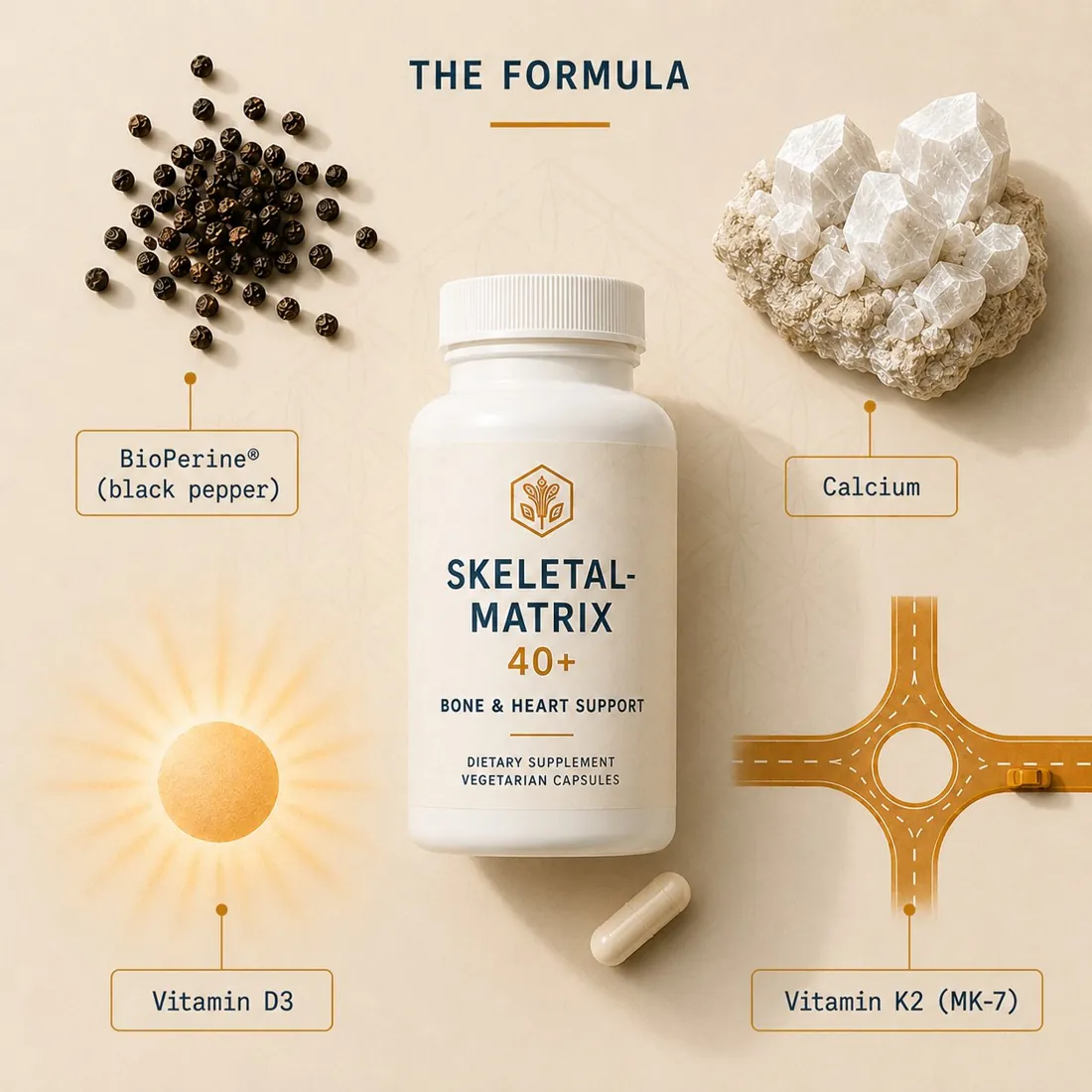 Skeletal-Matrix 40+ bottle with its four parts: black pepper (BioPerine), calcium, Vitamin D3, and Vitamin K2 (MK-7).